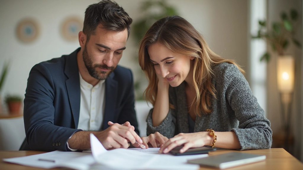 Профессиональное фото пары, обсуждающей финансовый план за столом с документами