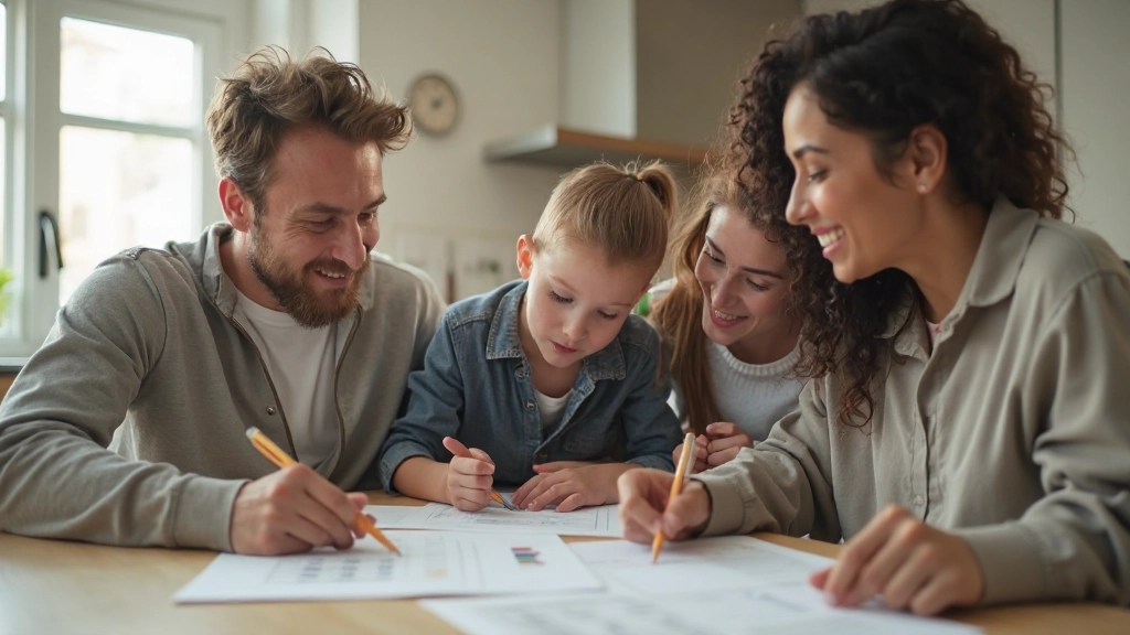Профессиональное фото семьи, планирующей финансы за столом с документами и калькулятором