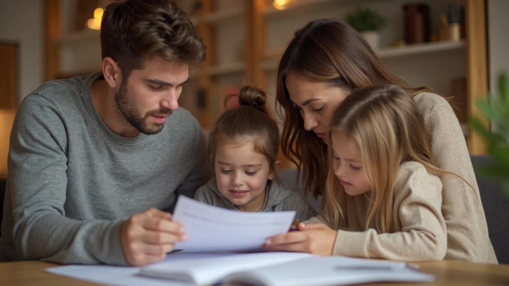 Профессиональное фото семьи, обсуждающей финансовый план за столом дома