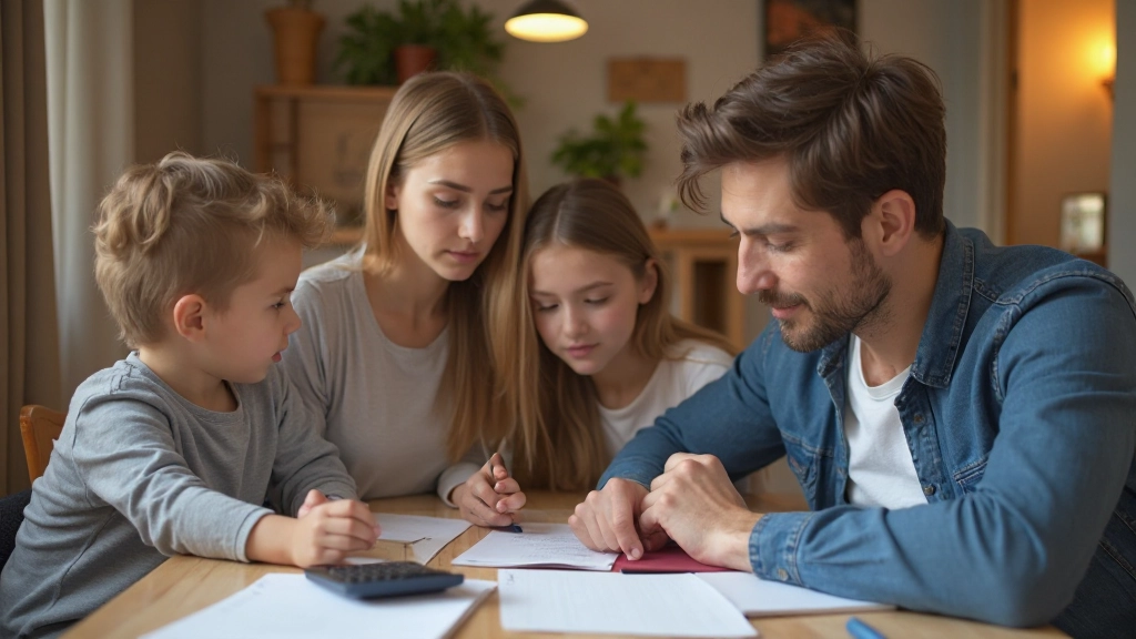 Профессиональное фото родителей и детей, обсуждающих финансовое планирование за столом дома