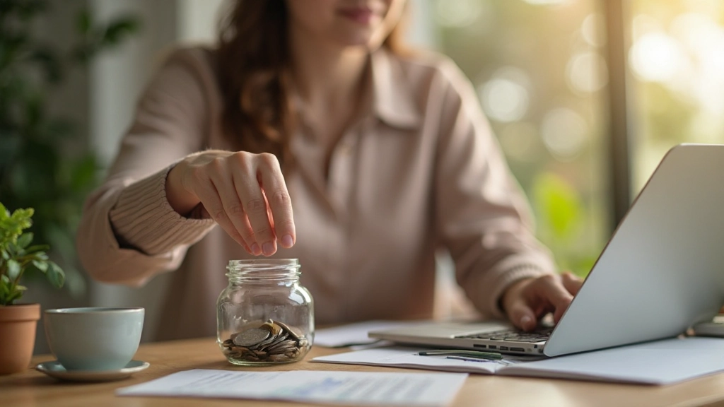 Копилка с монетами и стопка сбережений на столе