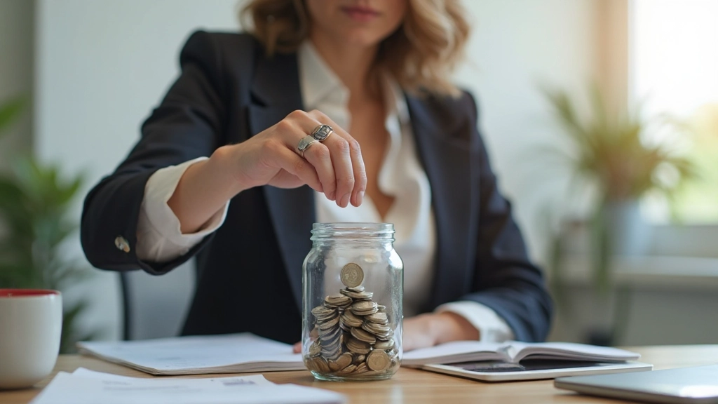 Профессиональное фото женщины, откладывающей деньги в стеклянную копилку