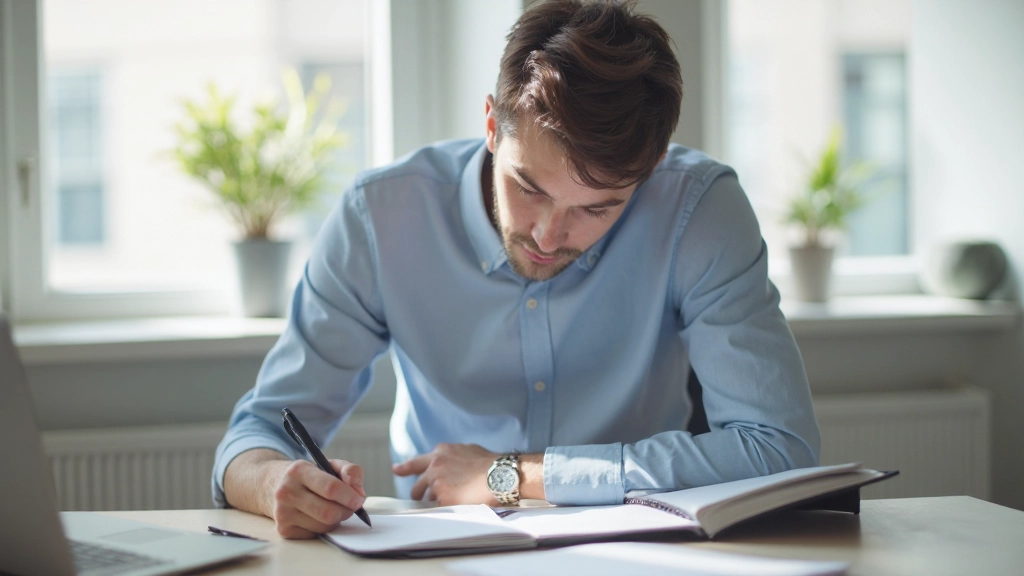 Профессиональное фото молодого человека, планирующего финансовые цели в ежедневнике