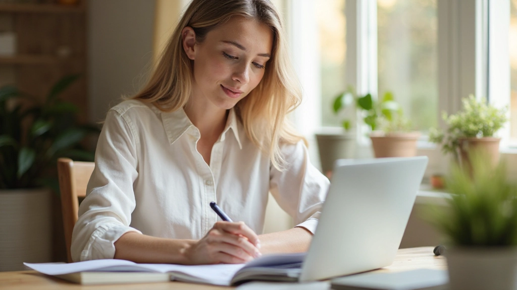 Профессиональное фото молодой женщины, ведущей учёт расходов в блокноте за столом
